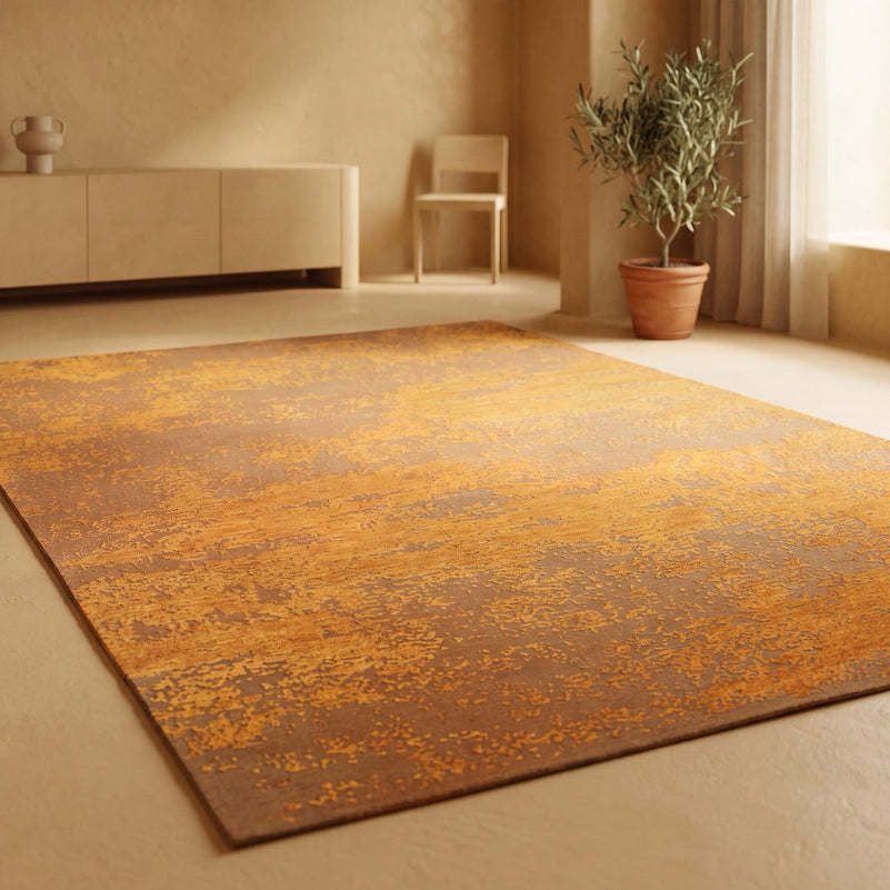 Acsento Laguna Melon rug in saffron and melon orange on caramel, shown in an interior