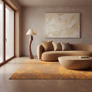 Acsento Laguna Melon rug in saffron and melon orange on caramel, shown in an interior, second view