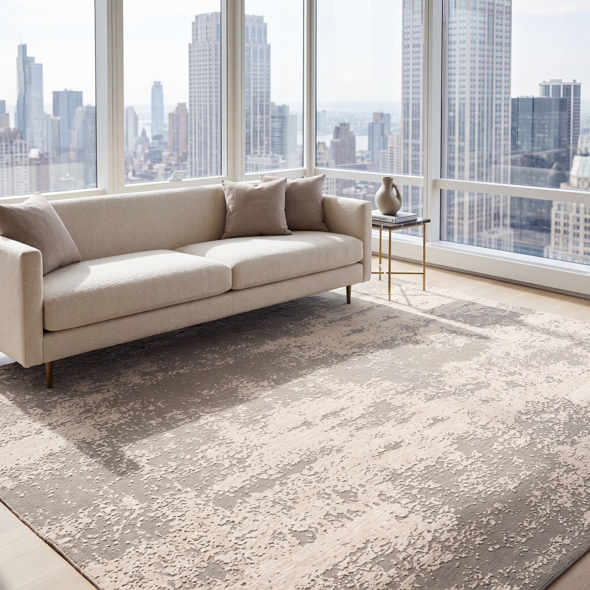 Acsento Laguna Beige rug in beige and greige with ivory flecks, shown in an interior