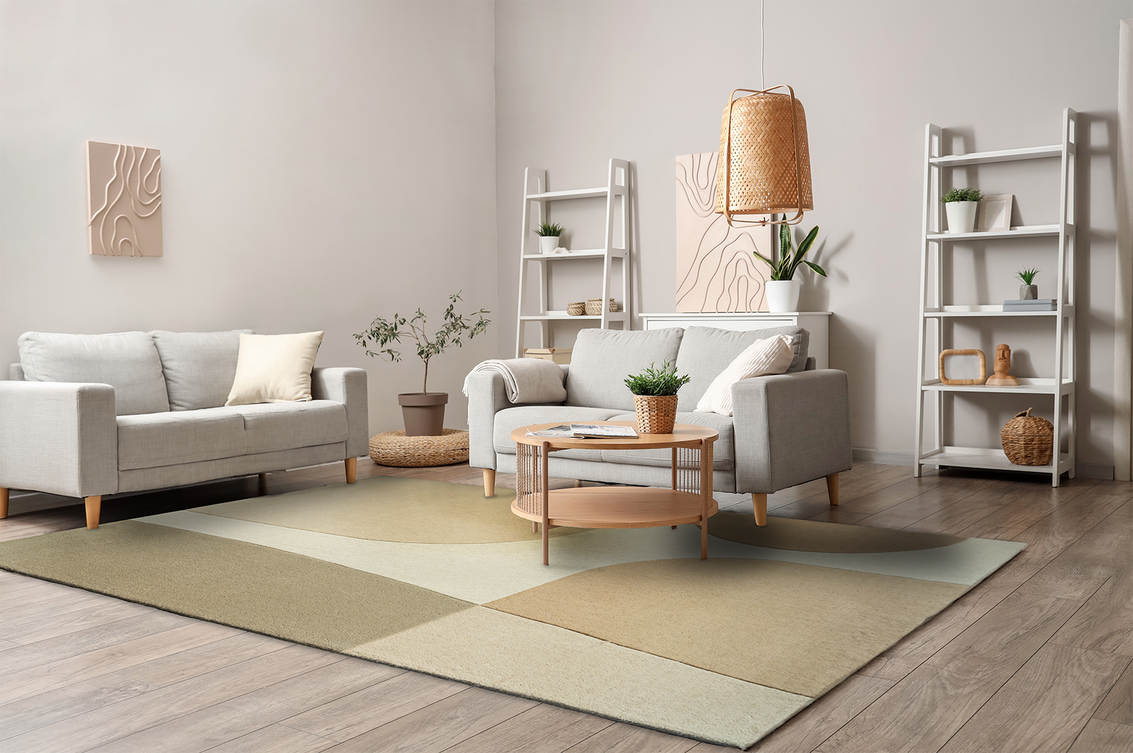 Acsento Lipari Beige wool rug styled in a neutral-toned living space with soft textures and natural light


