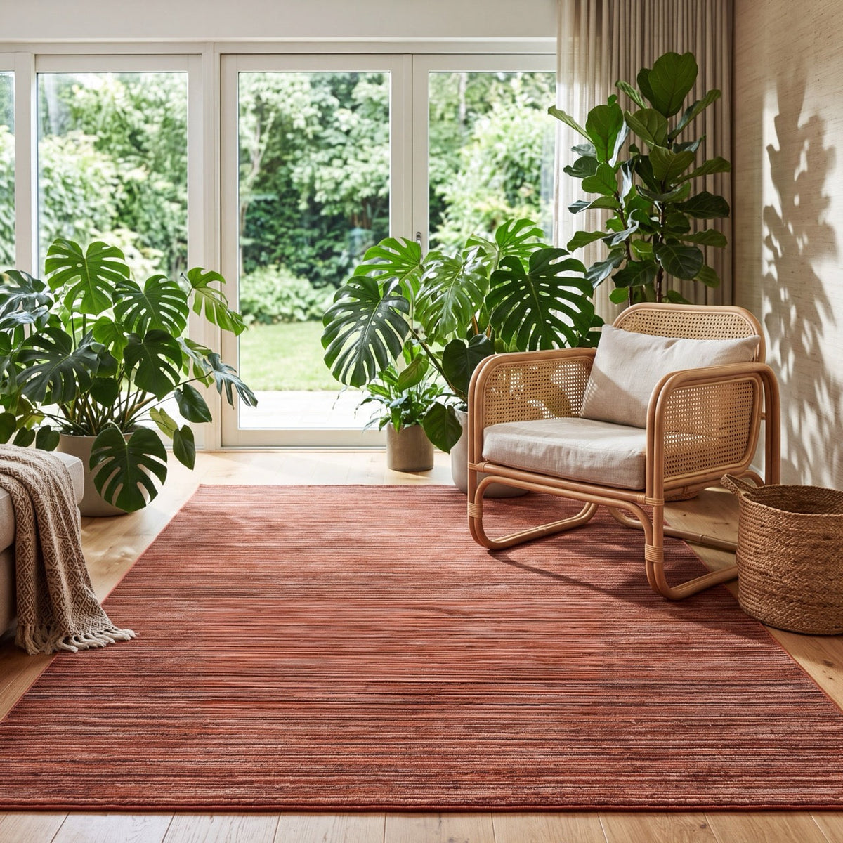 Acsento Origin Brick rug in terracotta with brick red and brown stripes, shown in an interior