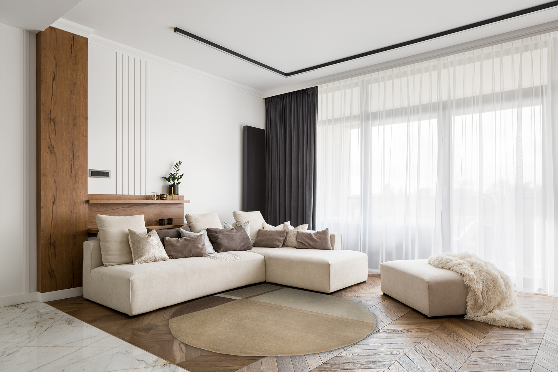 Acsento Palau Girare Beige rug styled in a contemporary living room with neutral furnishings and natural accents.

