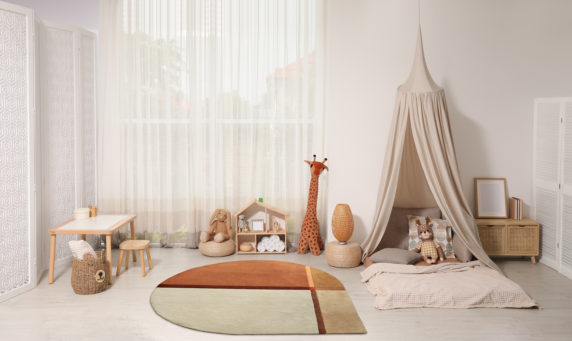 Acsento Palau Girare Terra rug styled in a warm-toned living room with modern decor and natural accents

