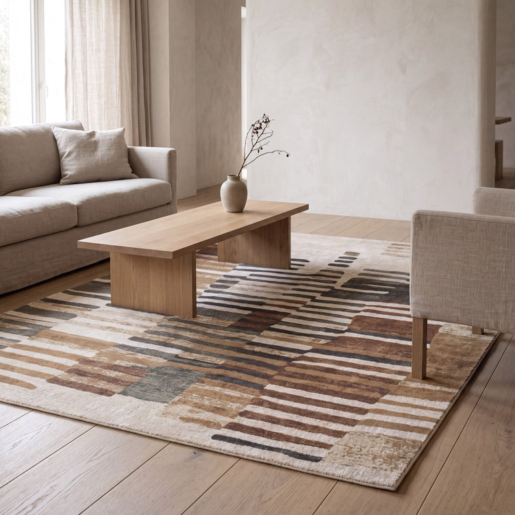 Acsento Siena 45 rug in beige with brushstrokes in rust, ochre and charcoal, shown in an interior