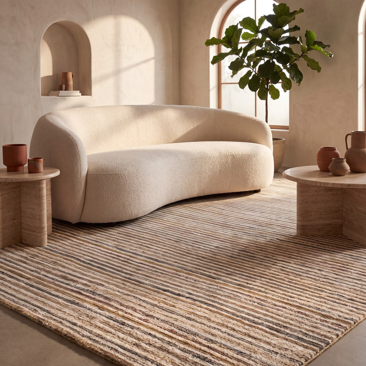Acsento Siena 51 rug in beige with fine stripes in sand, caramel and ochre, shown in an interior, second view