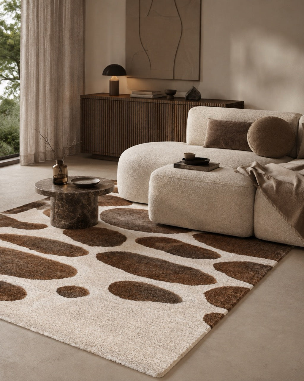 Acsento Step Stones rug in ivory with brown high pile stepping stones, shown in an interior
