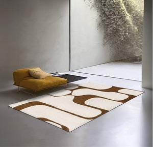 Acsento Swing Cognac rug in cognac and ivory with bold rounded shapes, shown in an interior