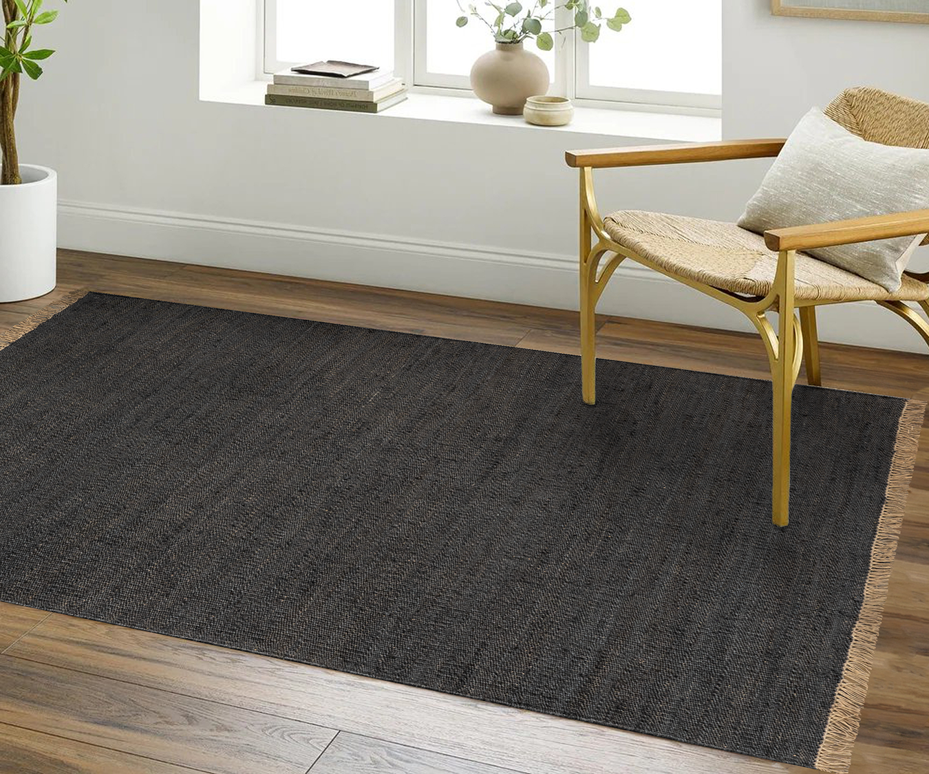 Acsento Vigo Charcoal rug styled in a modern living room with soft neutrals and wood finishes

