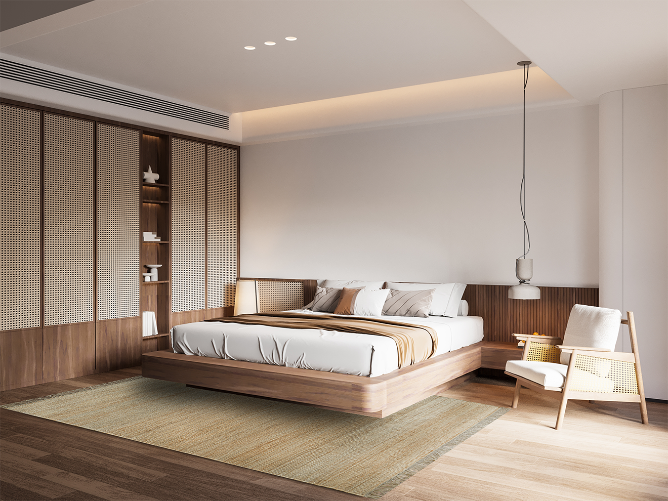 Acsento Vigo Natural rug styled in a light-filled bedroom with soft neutrals and natural finishes

