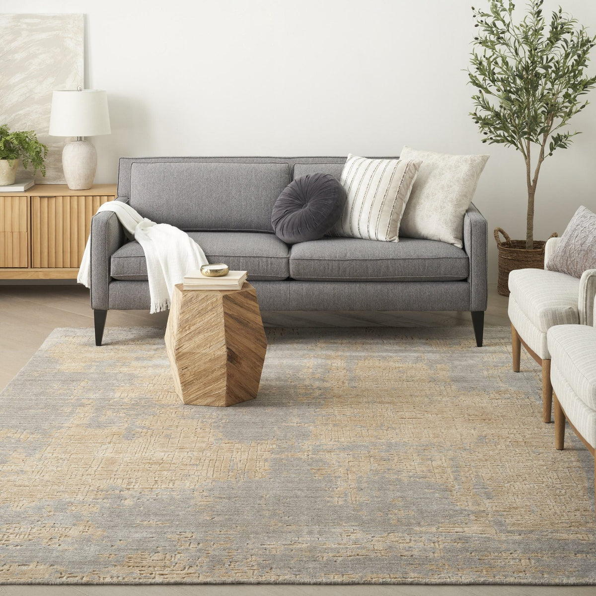Nourison Harmony HAY05 Grey Gold Rug, in a living room