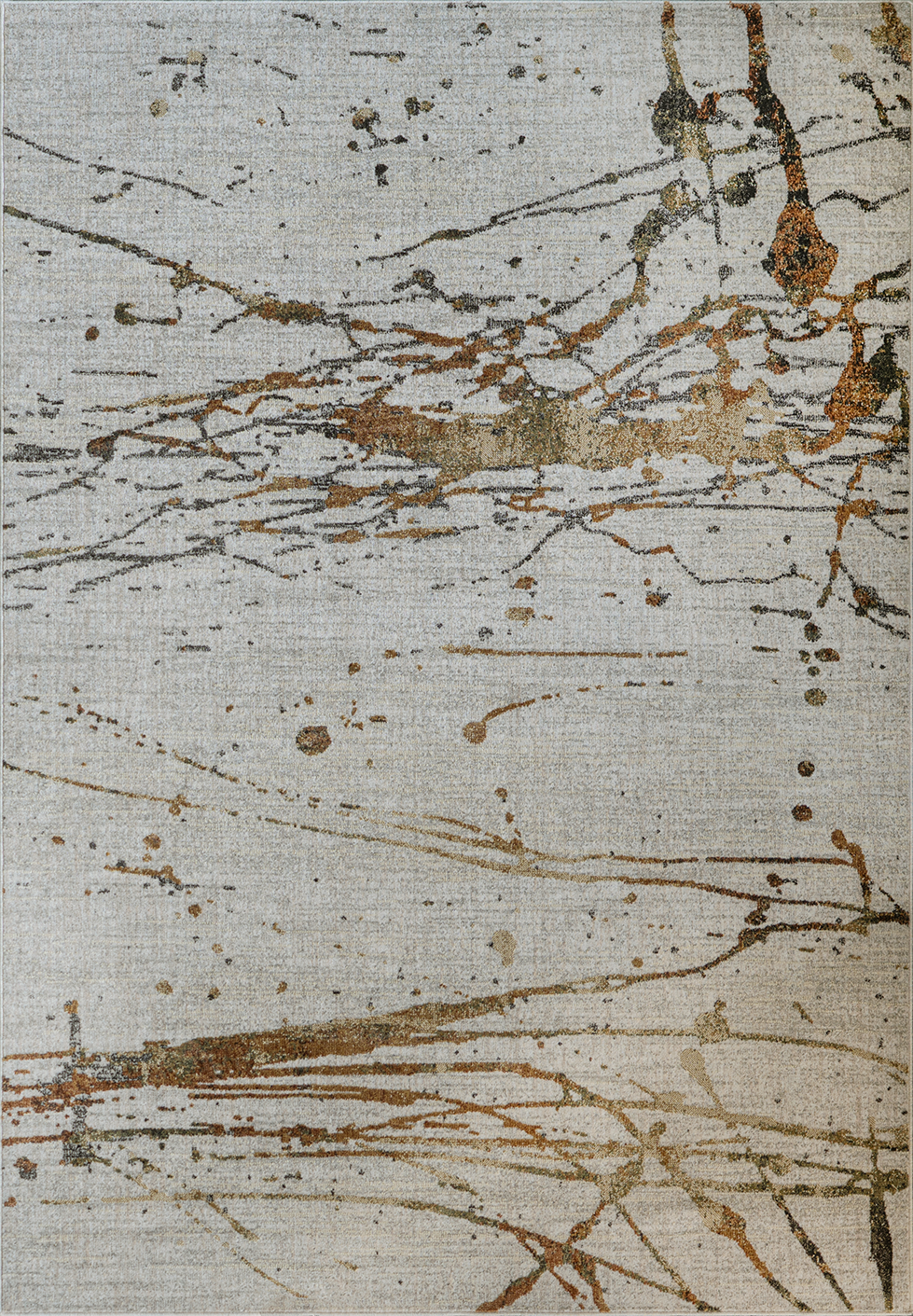 Top-down view of the Acsento Jura Multi 1 rug displaying its full, abstract design in orange and grey tones.

