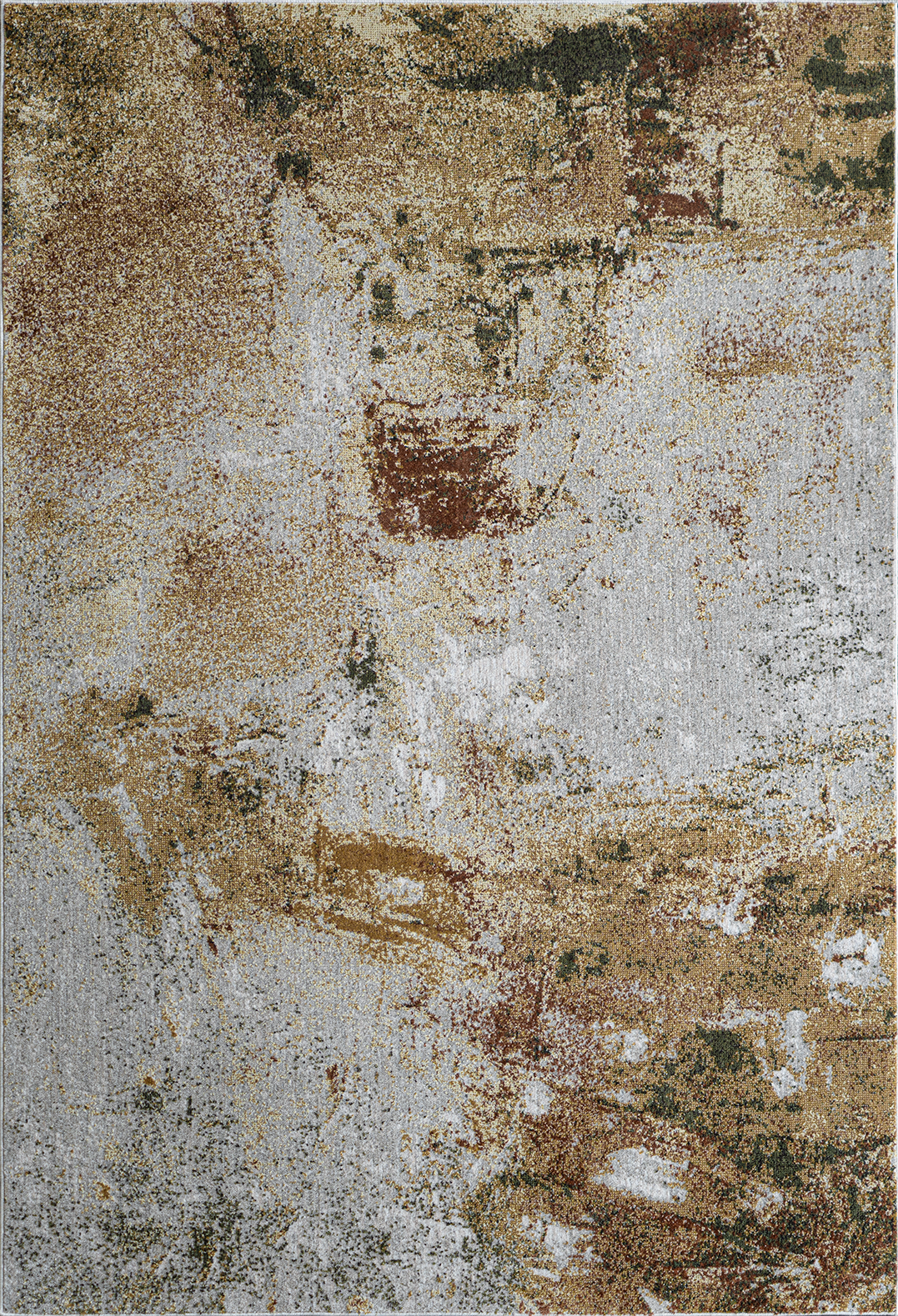 Top-down view of Jura Multi 14 rug displaying abstract design in orange and grey tones

