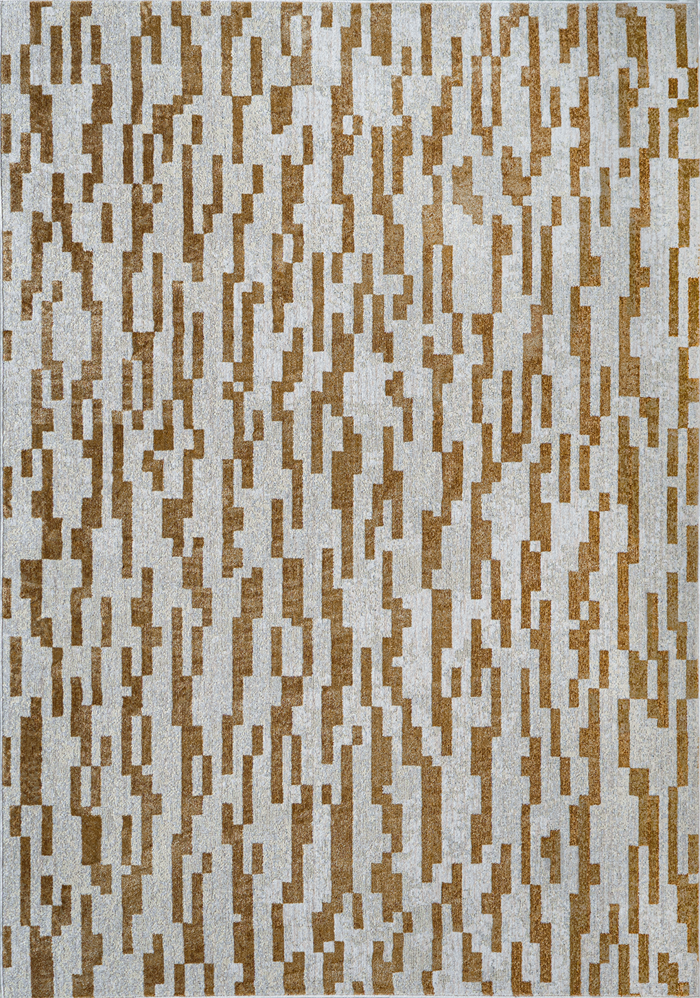 Top-down image of the full Jura Multi 1 rug showing modern abstract design in dynamic orange and soft grey tones

