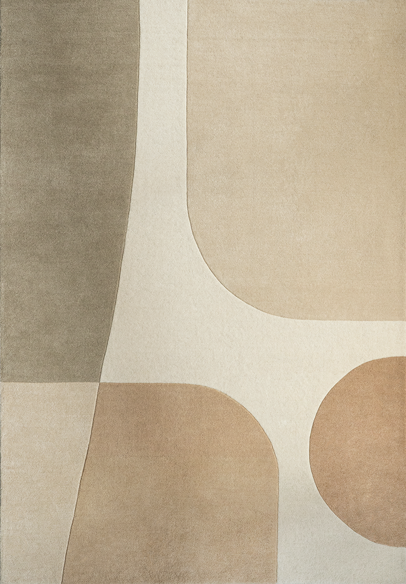 Top-down view of Acsento Lipari Beige rug displaying its full abstract design in calm beige hues

