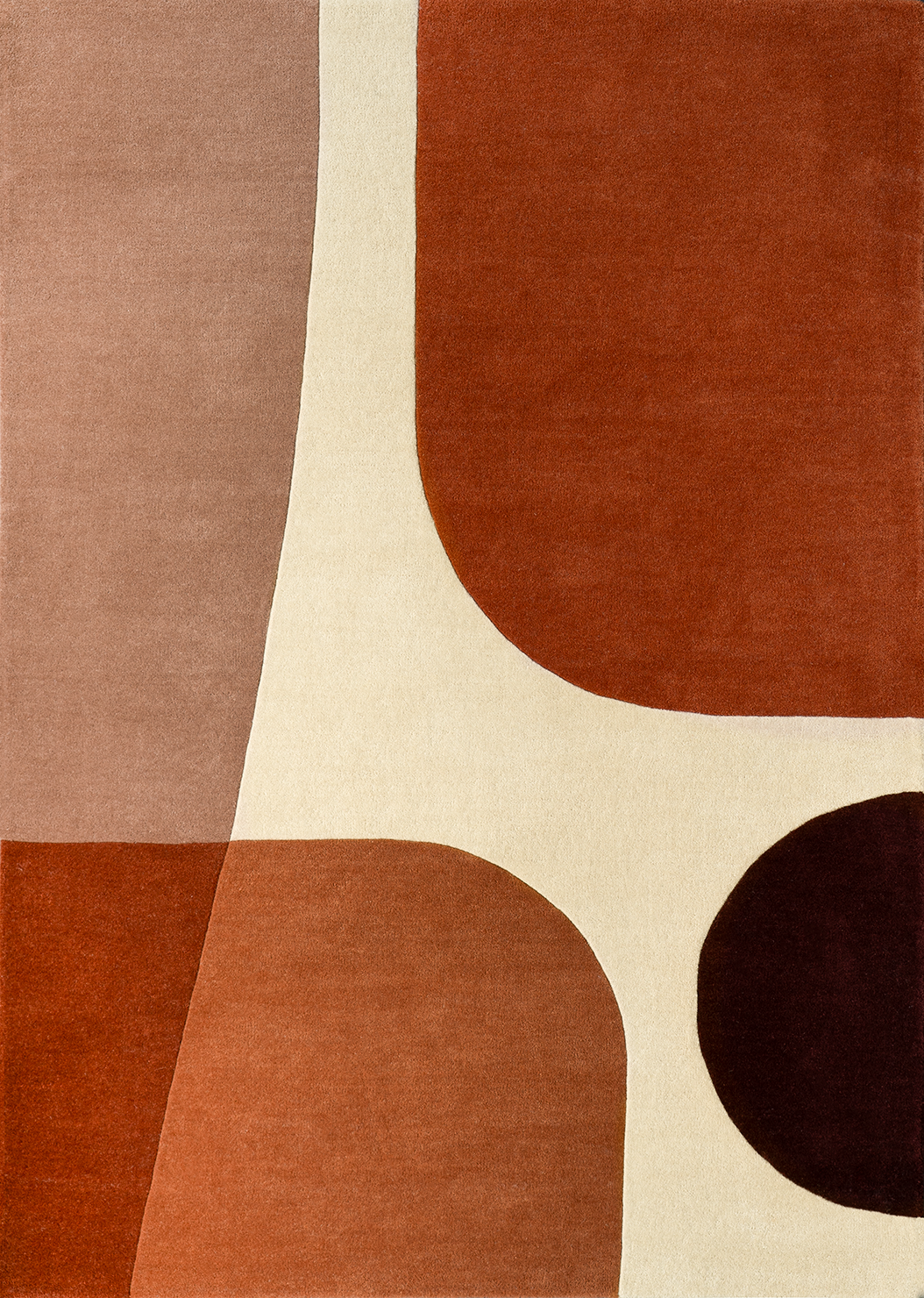Top-down view of Acsento Lipari Terra rug displaying full abstract design in ochre and clay hues

