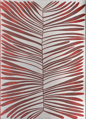 Top-down full view of Acsento Salerno Rouge Castille outdoor rug showing complete red and neutral stripe design

