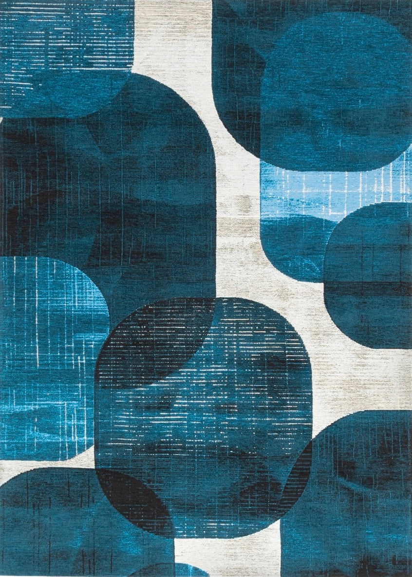 Acsento Bubbles Blue rug in blue with rounded shapes in petrol and navy on ivory, top view