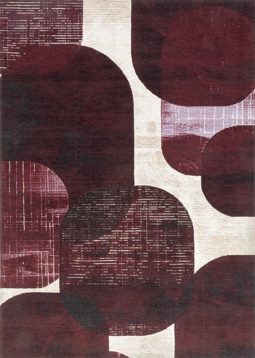Acsento Bubbles Burgundy rug in burgundy with rounded shapes in wine red and aubergine on ivory, top view