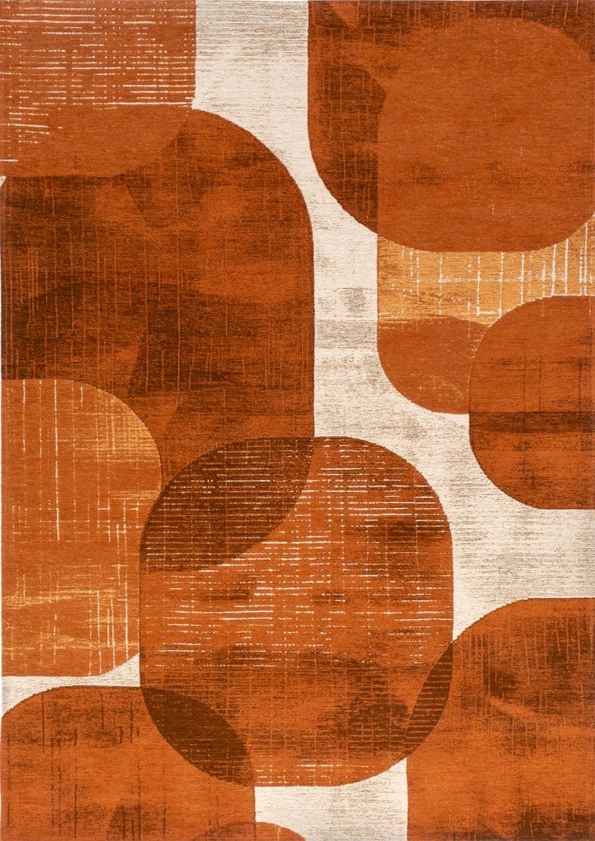 Acsento Bubbles Cognac rug in cognac with rounded shapes in burnt orange and caramel on cream, top view