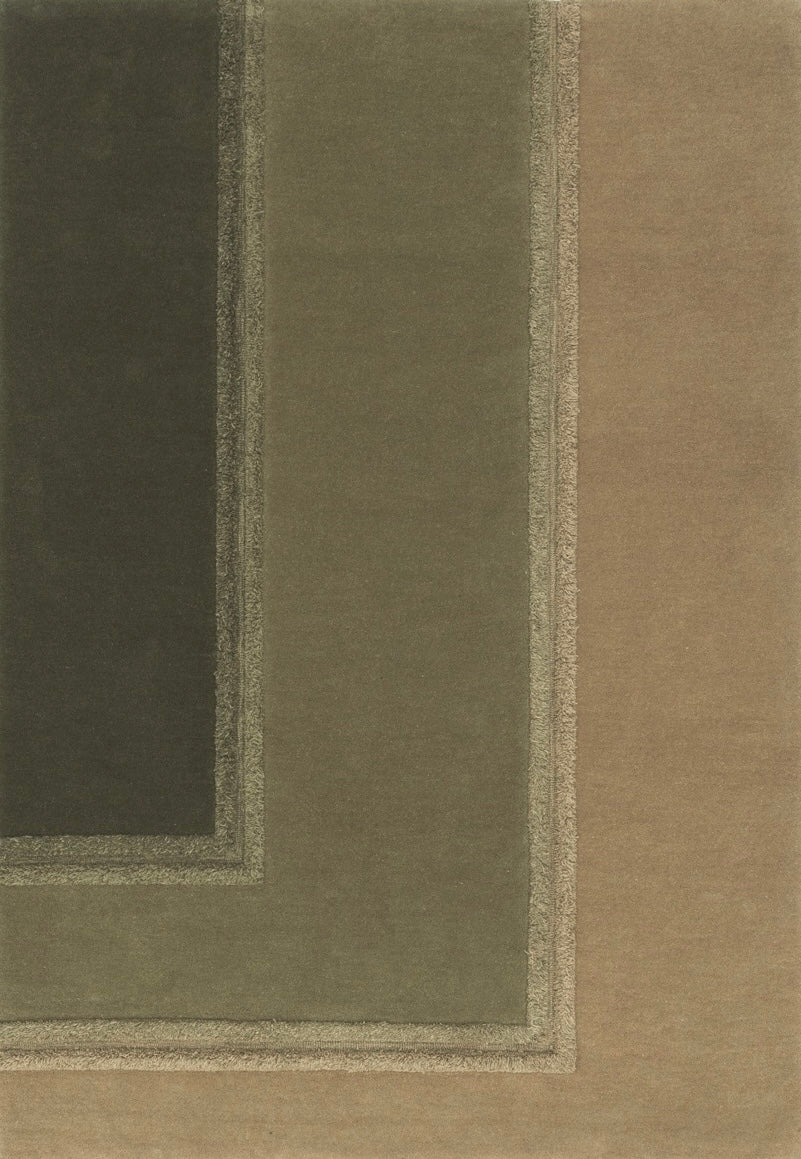 Acsento Delos Green rug in olive, sage and khaki with raised borders, top view