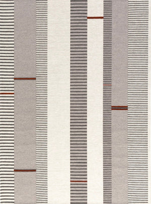 Acsento Oslo Grey Terra rug in grey with ivory and charcoal stripes and terracotta accents, top view
