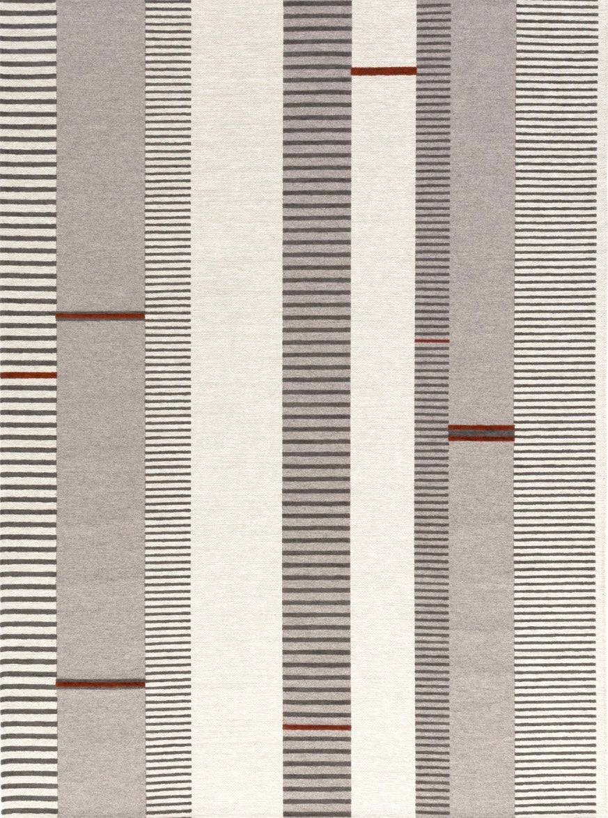 Acsento Oslo Grey Terra rug in grey with ivory and charcoal stripes and terracotta accents, top view