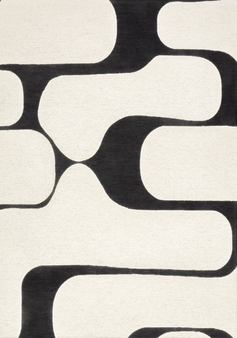 Acsento Swing Black-White rug in black and cream with bold rounded shapes, top view