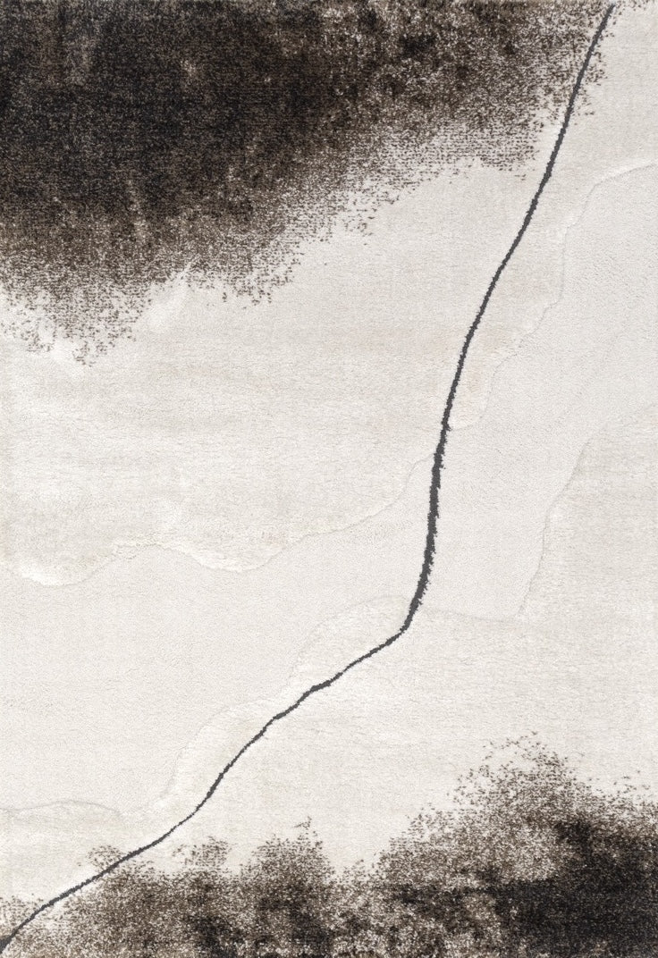 Acsento Valley rug in ivory with charcoal clouds and a fine dark line, top view