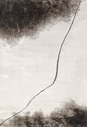 Acsento Valley rug in ivory with charcoal clouds and a fine dark line, top view