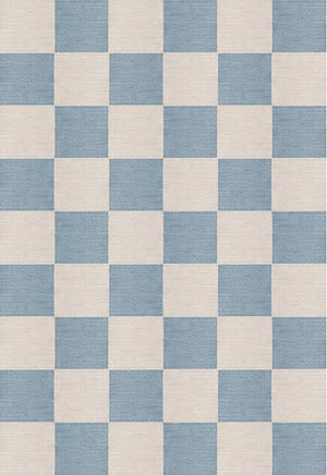 Top-down view of Chess Flatweave rug in Cornflower Blue showing full checkered pattern and soft blue tones

