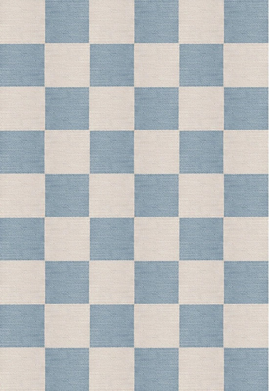 Top-down view of Chess Flatweave rug in Cornflower Blue showing full checkered pattern and soft blue tones

