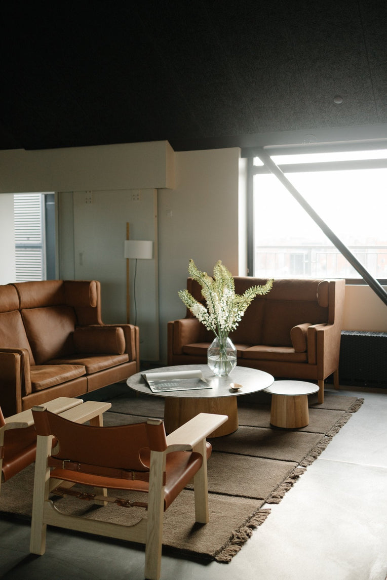 Massimo Atoll Brown hand tufted wool rug, styled in a bright room
