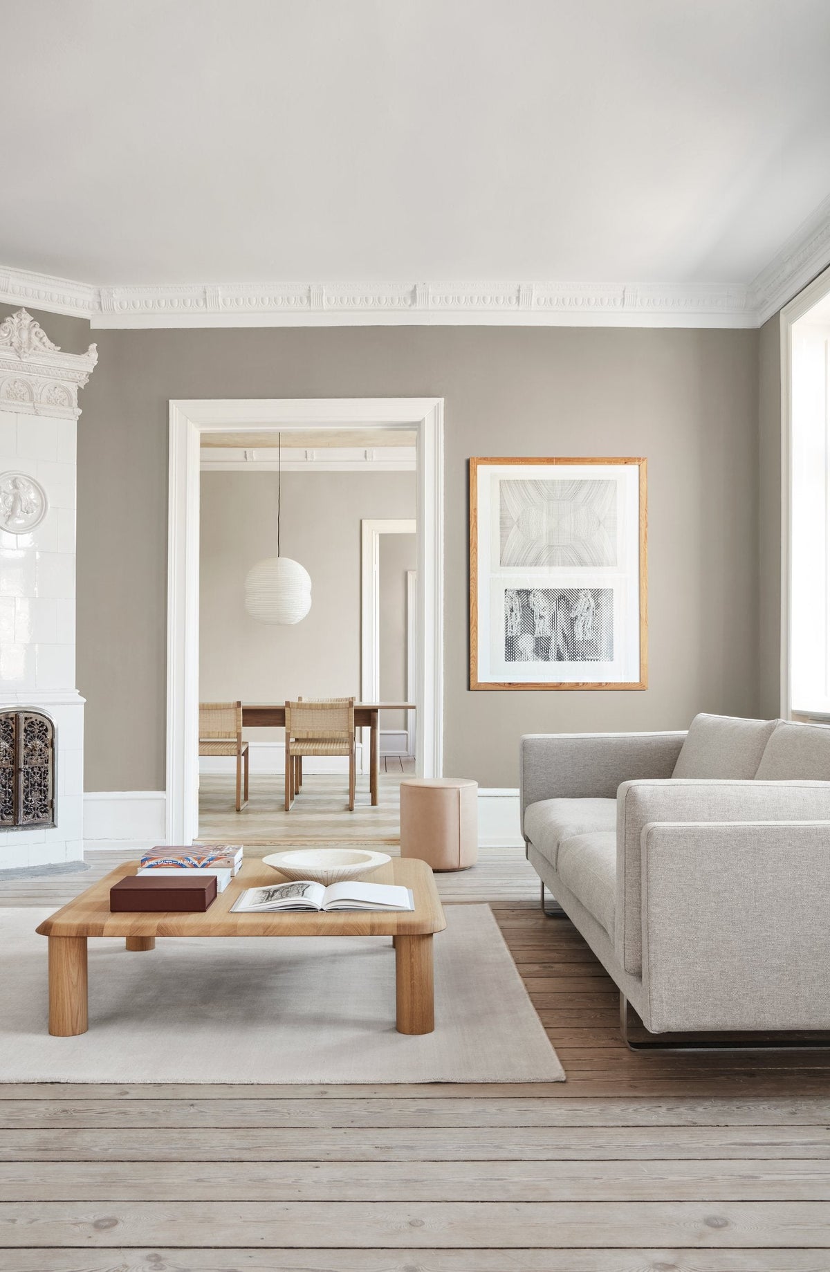 Massimo Earth Bamboo Soft Grey wool rug, styled in a bright room
